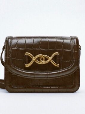 Zara Dark Brown Croc-Embossed Crossbody with Gold Twist Detail